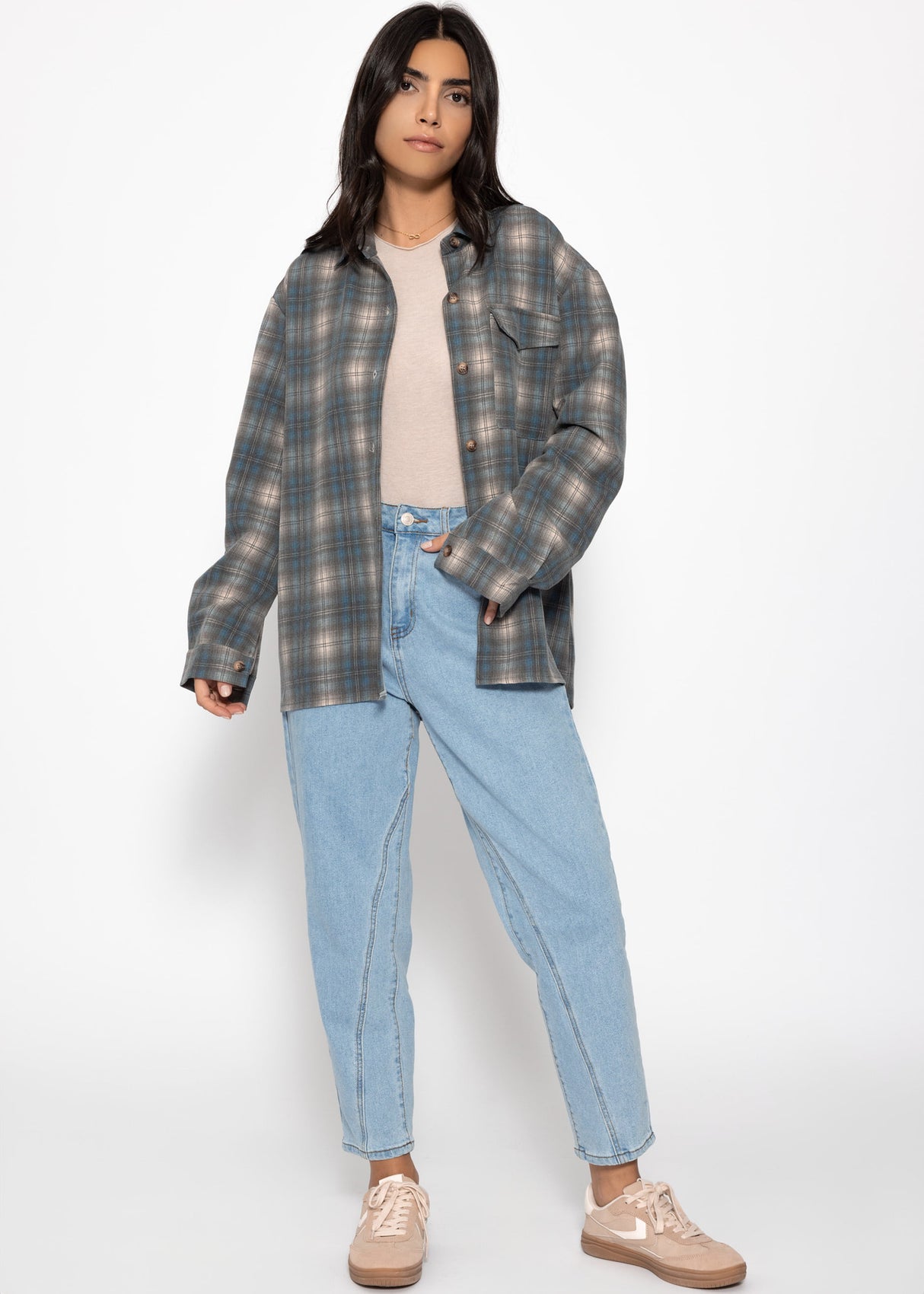 Oversize karierte Hemdbluse - grau