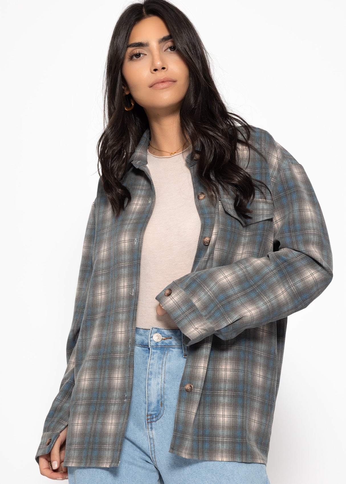 Oversize karierte Hemdbluse - grau