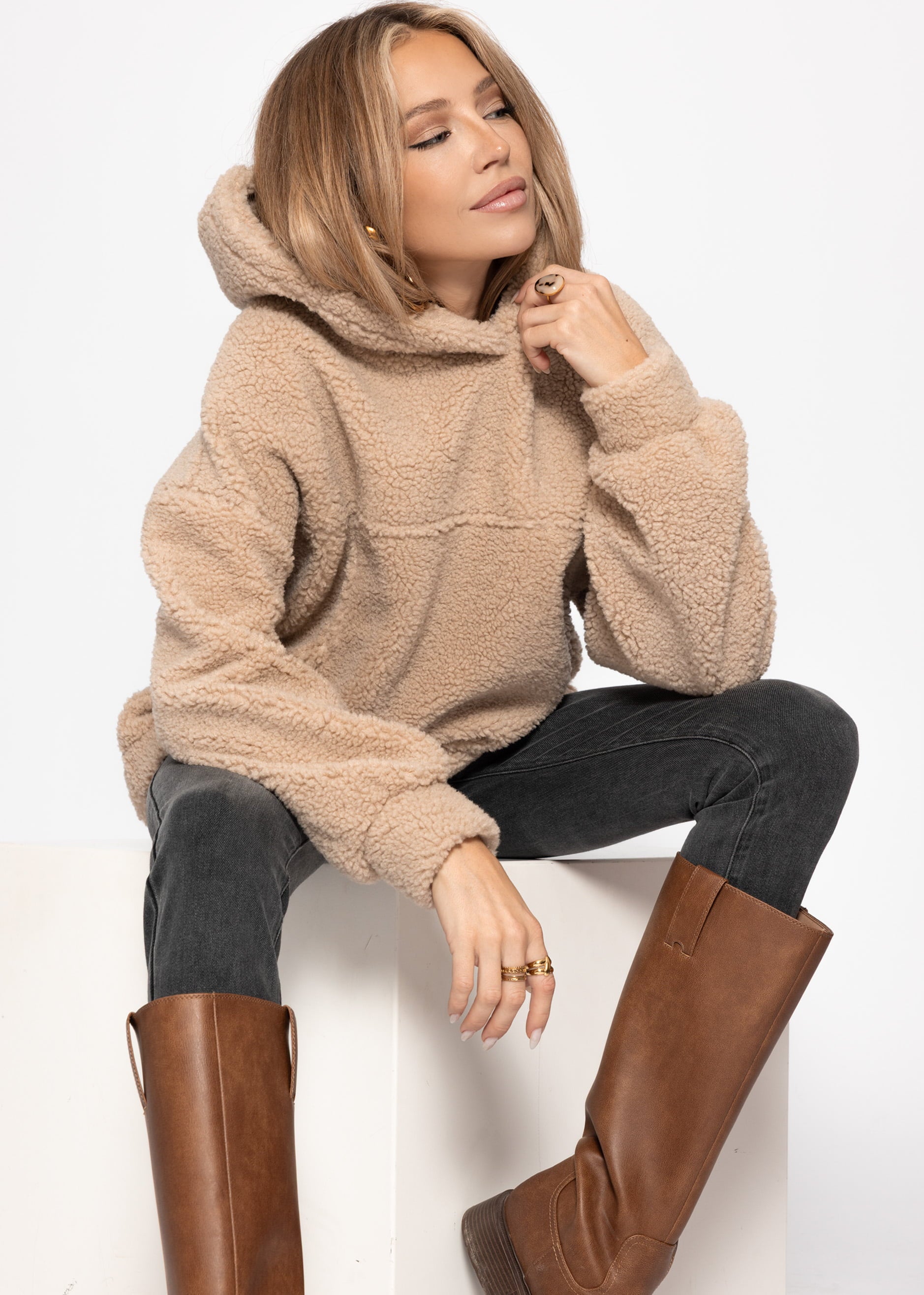 Oversize Teddy Sweatshirt mit Kapuze -  beige