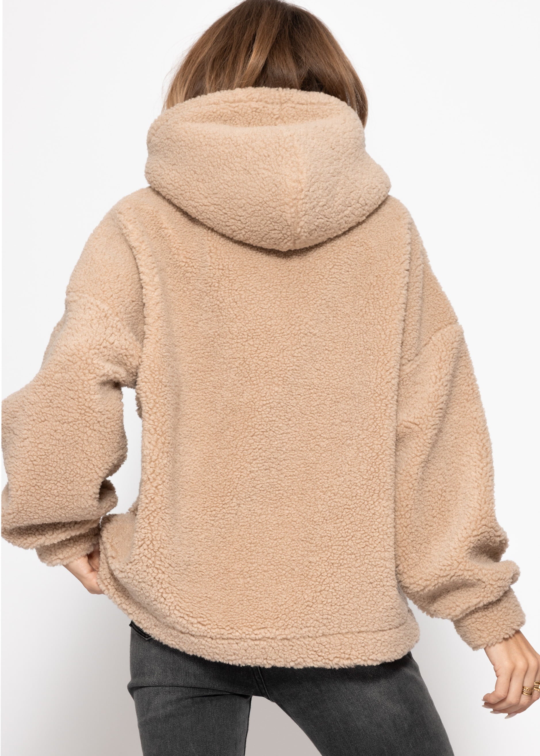 Oversize Teddy Sweatshirt mit Kapuze -  beige