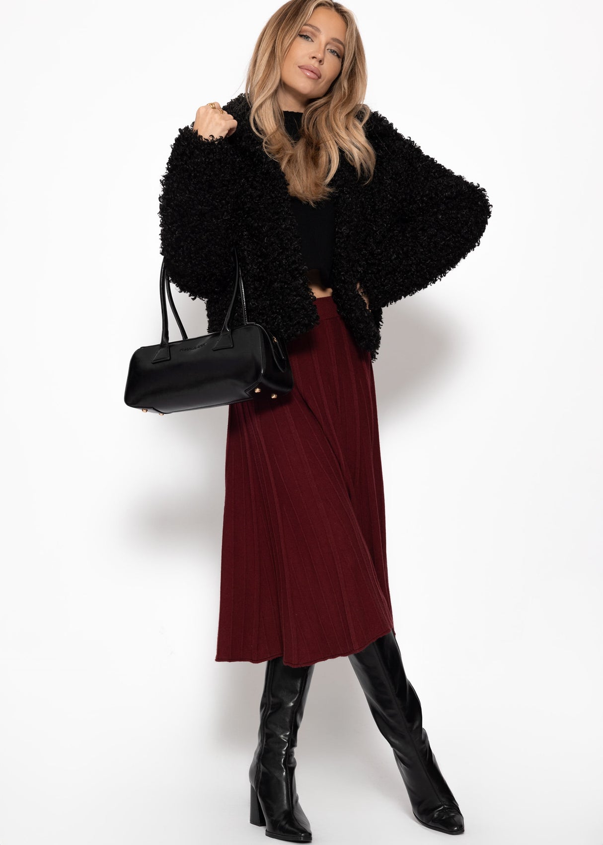 Plissierter Strick-Midirock - burgundy