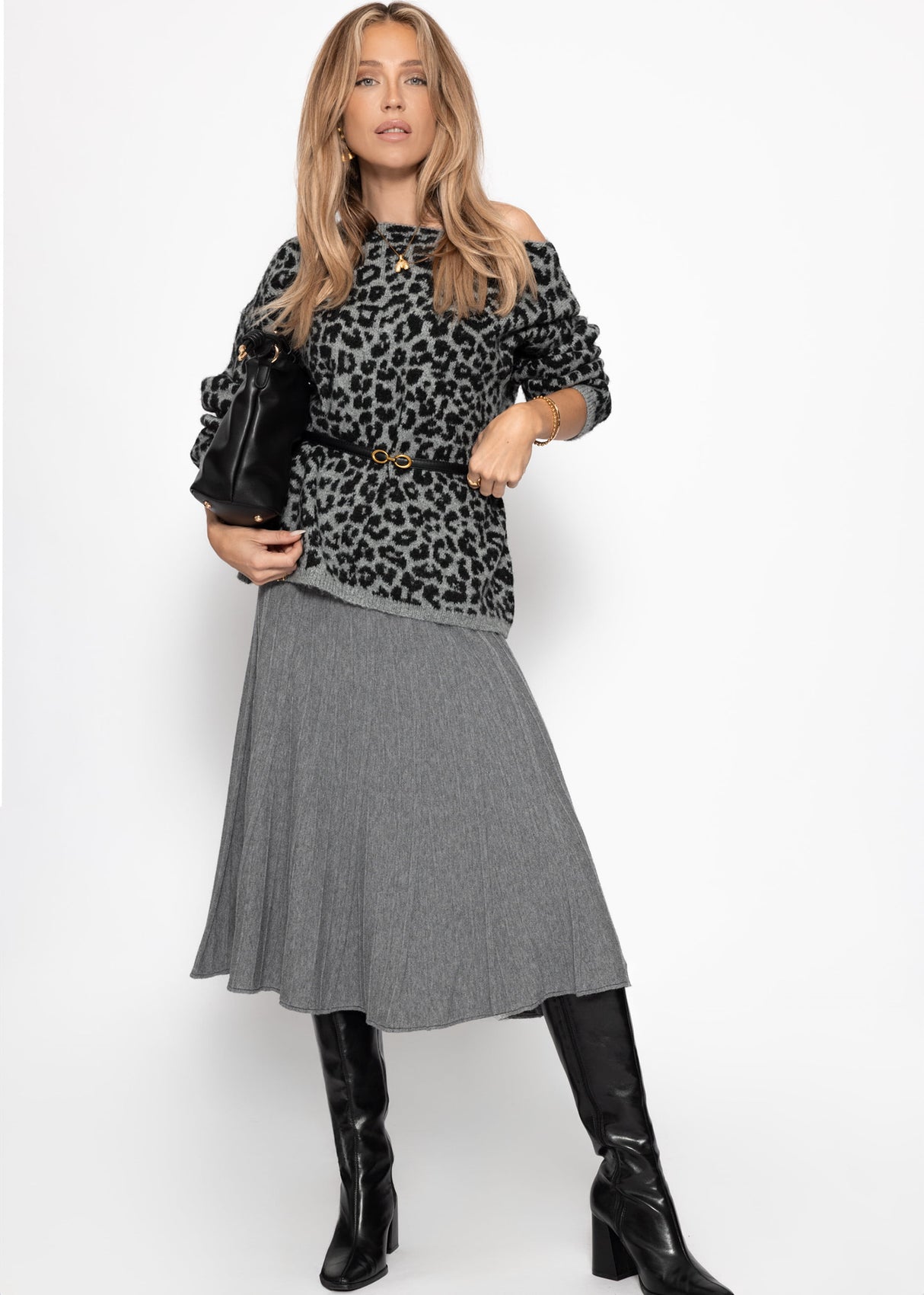 Plissierter Strick-Midirock - grau