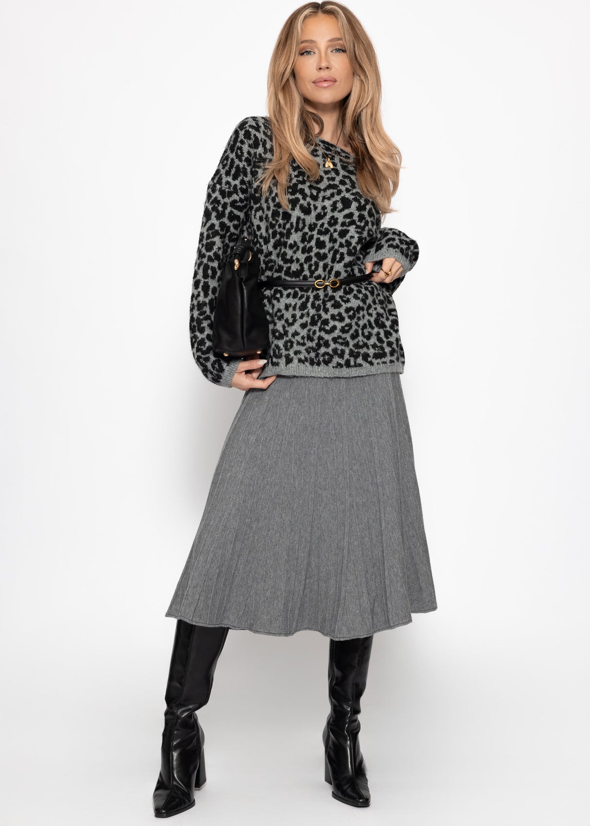 Plissierter Strick-Midirock - grau