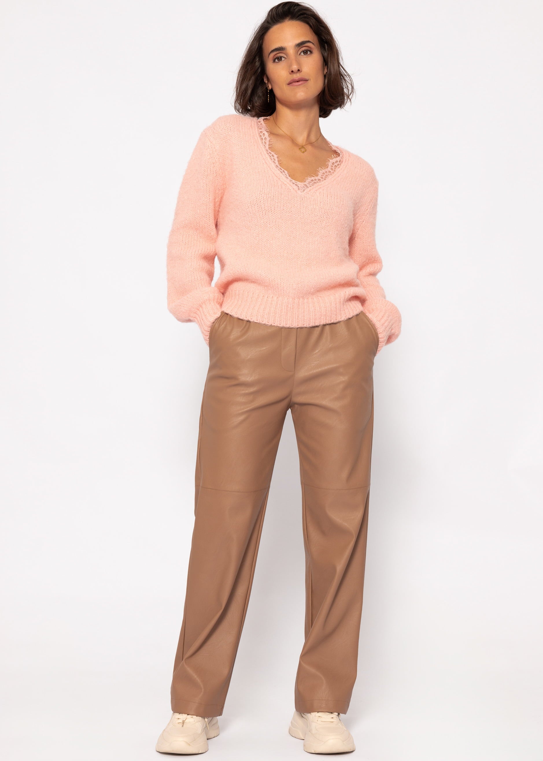 Sweater with lace neckline - light pink