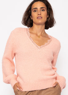 Sweater with lace neckline - light pink