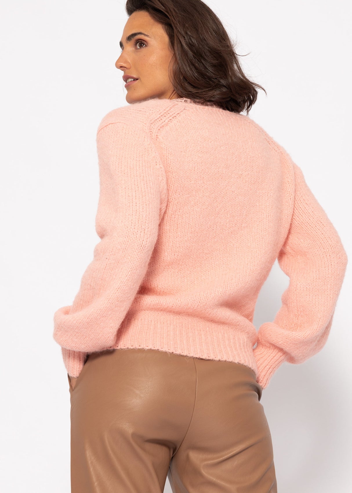 Sweater with lace neckline - light pink