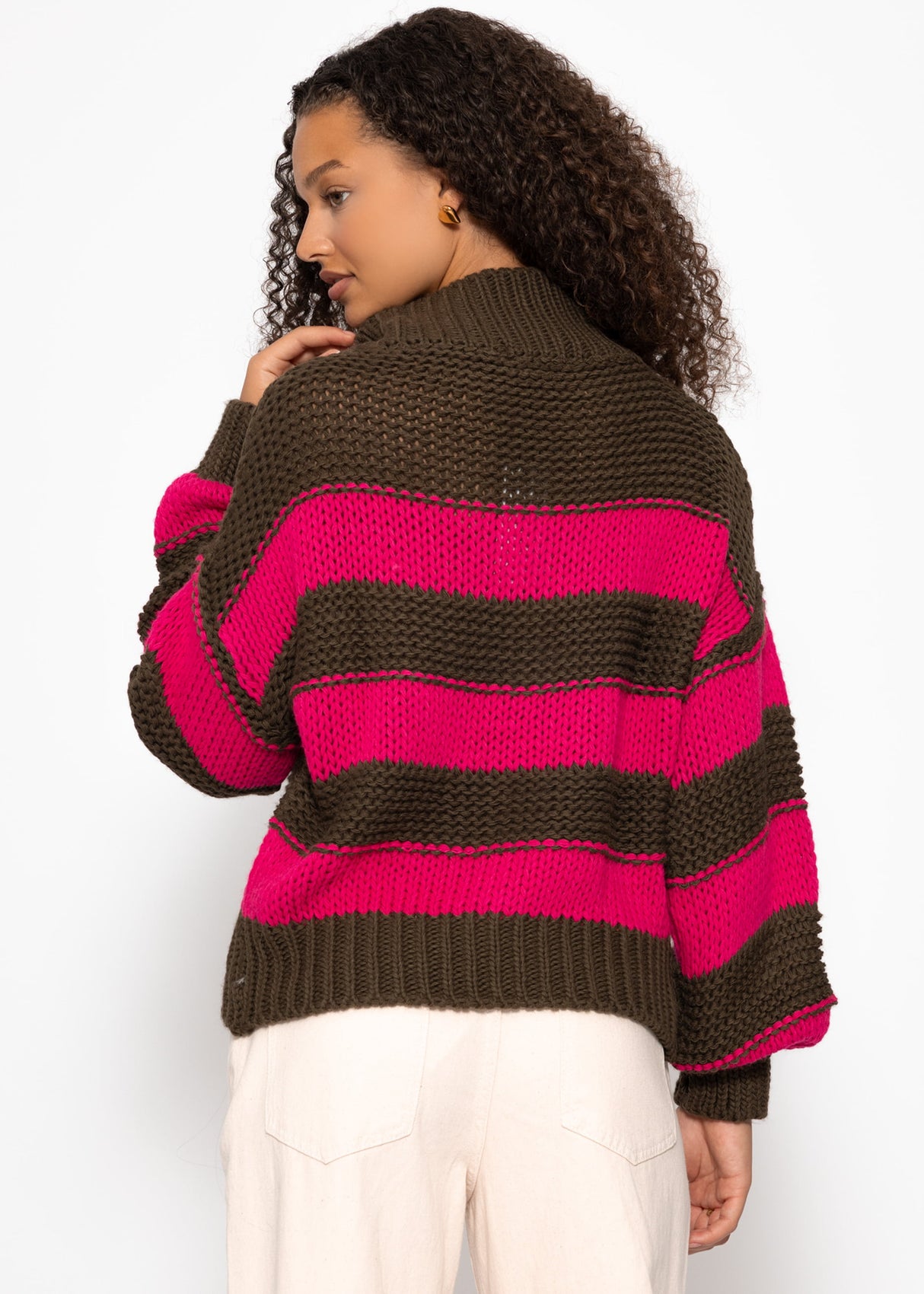 Turtleneck sweater with stripes, khaki-pink