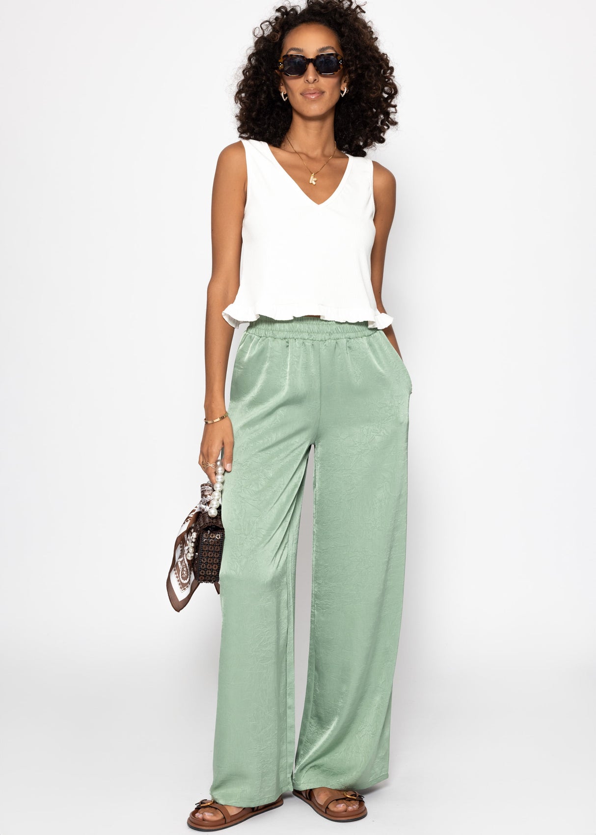 Satin pants with wide leg - pistachio green