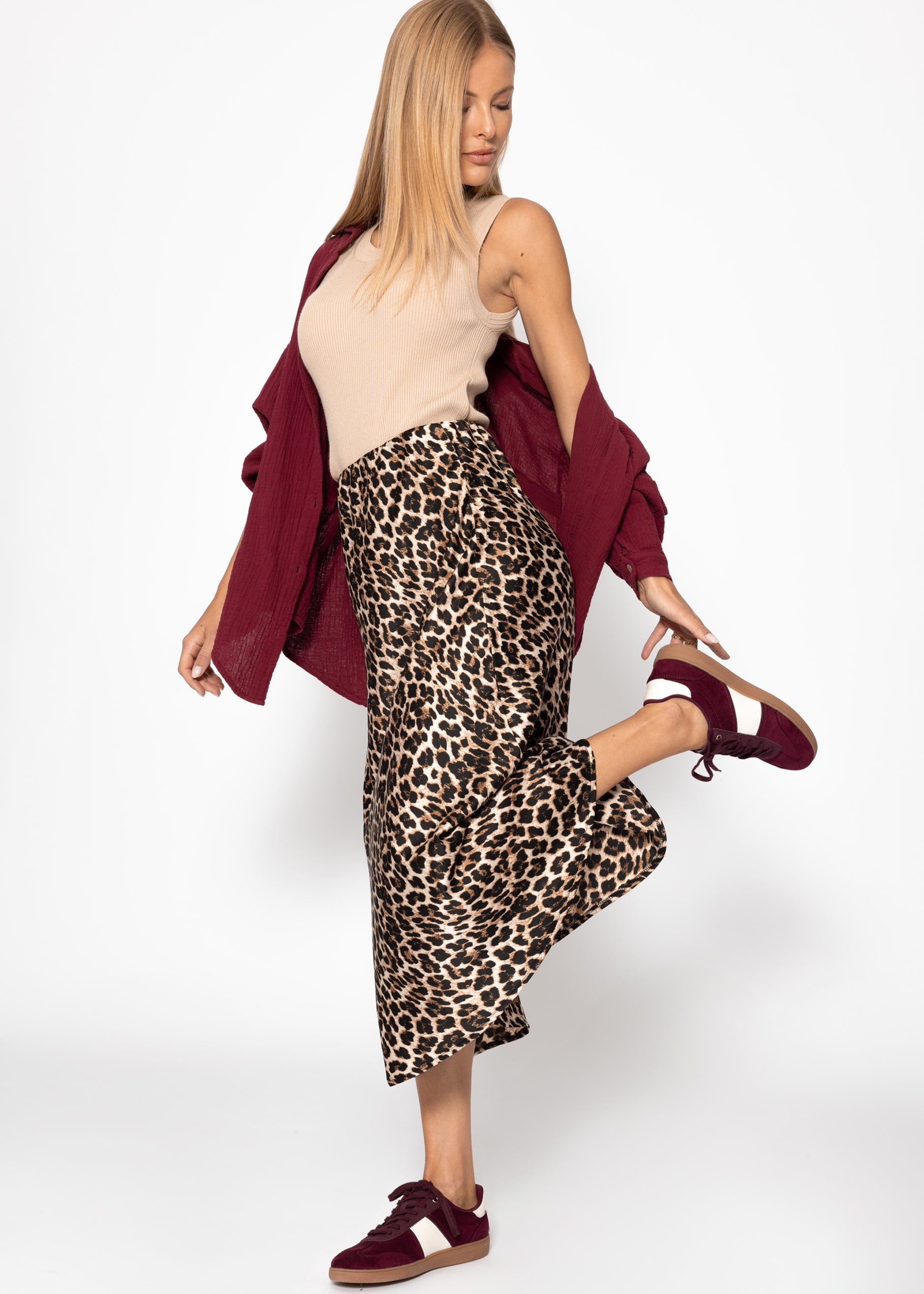 Satin Rock mit Leo-Print, braun