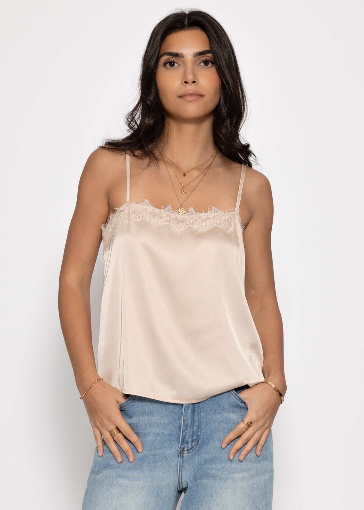 Satin Top mit Spitze - beige
