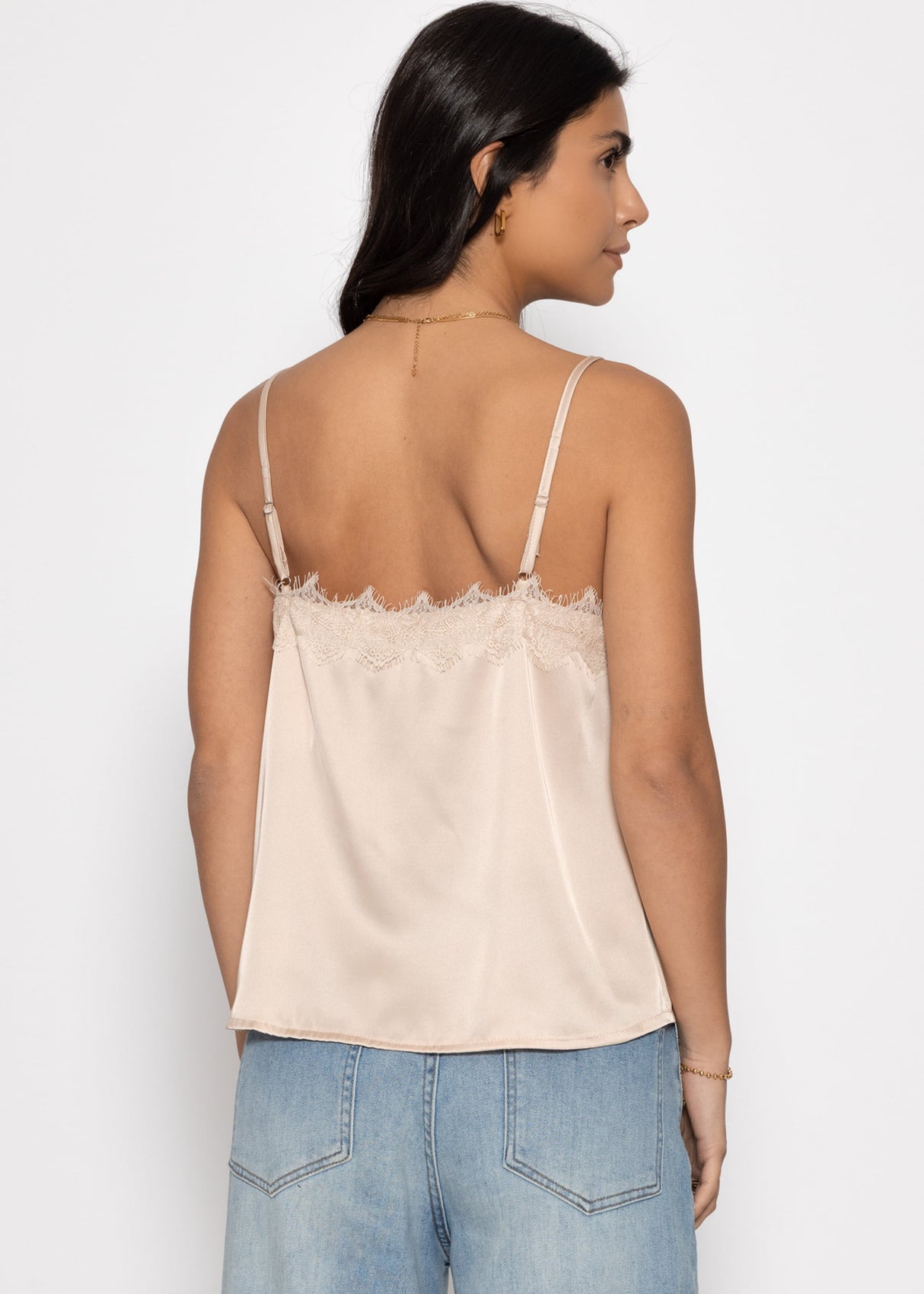 Satin Top mit Spitze - beige