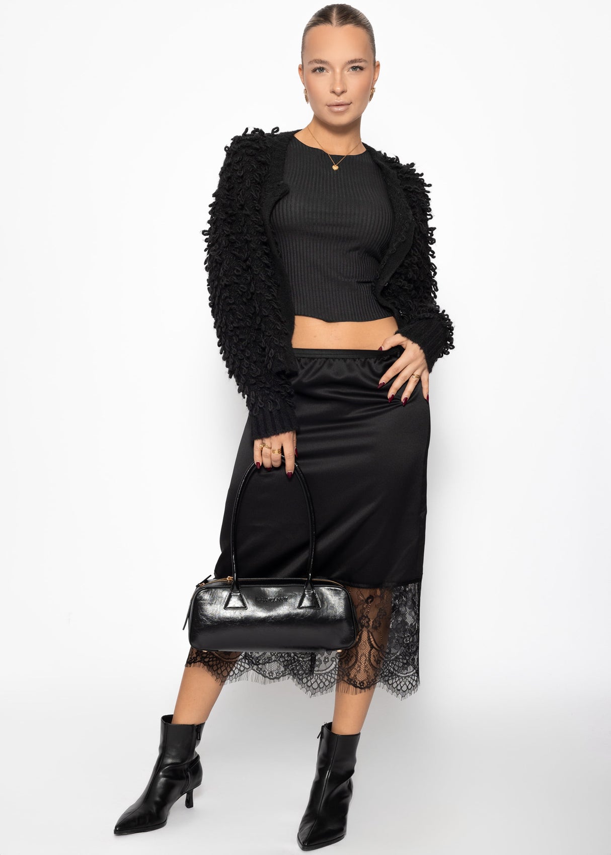 Satin skirt with lace hem - black