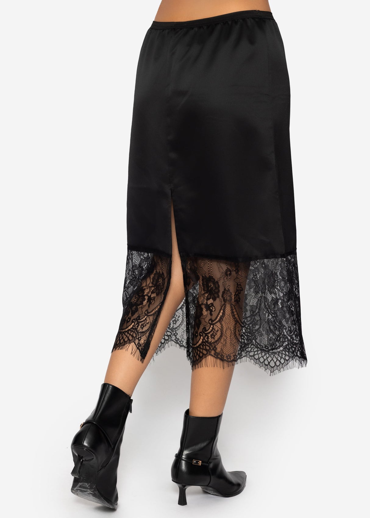 Satin skirt with lace hem - black
