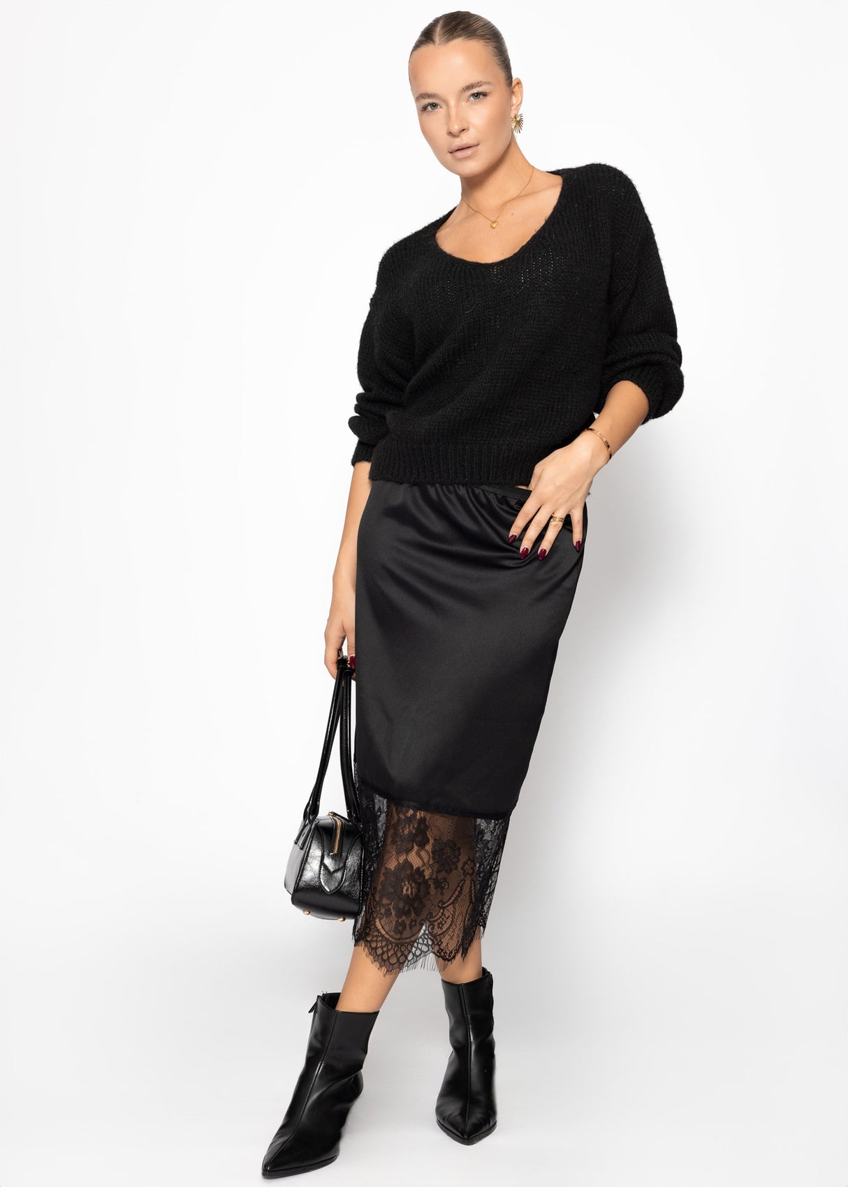 Satin skirt with lace hem - black