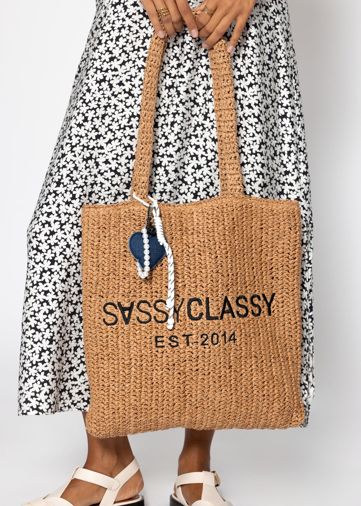 Jeans heart bag tag with pearls - blue