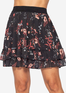 Flounce skirt with ruffles and floral print, black