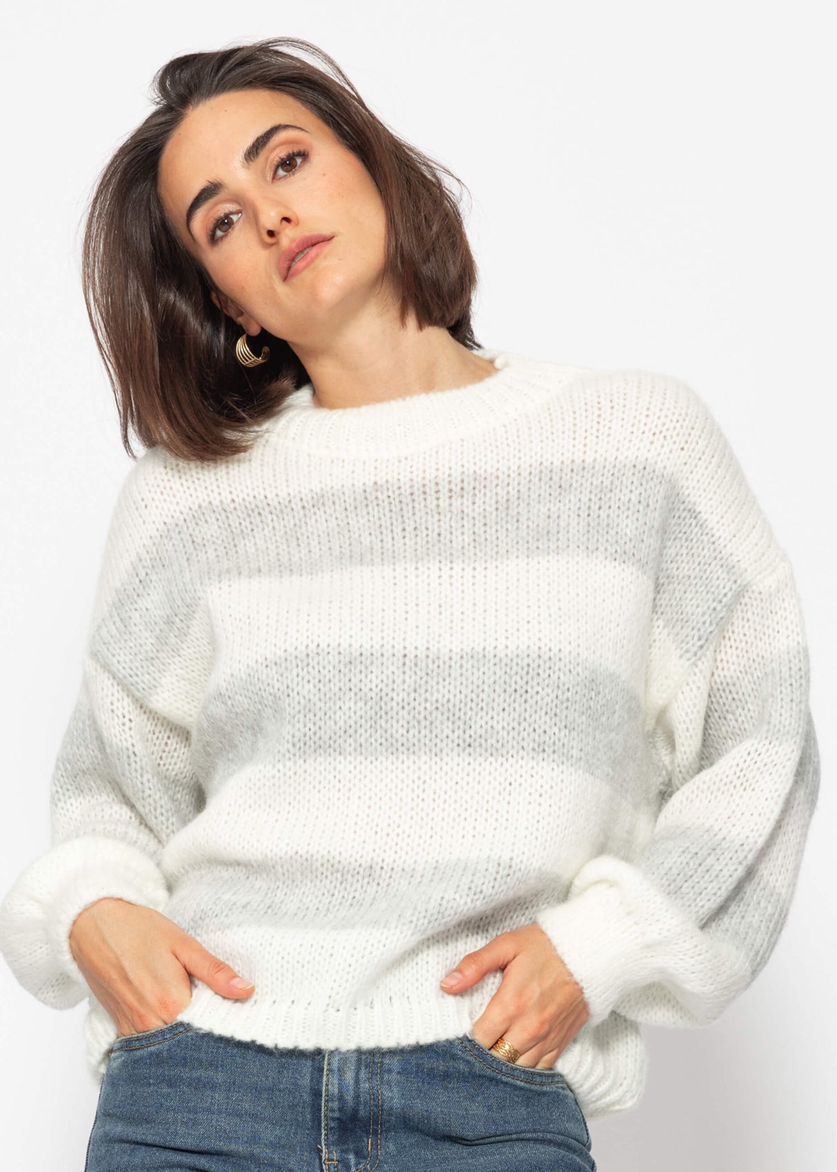 Soft, striped knit sweater - off-white-grey
