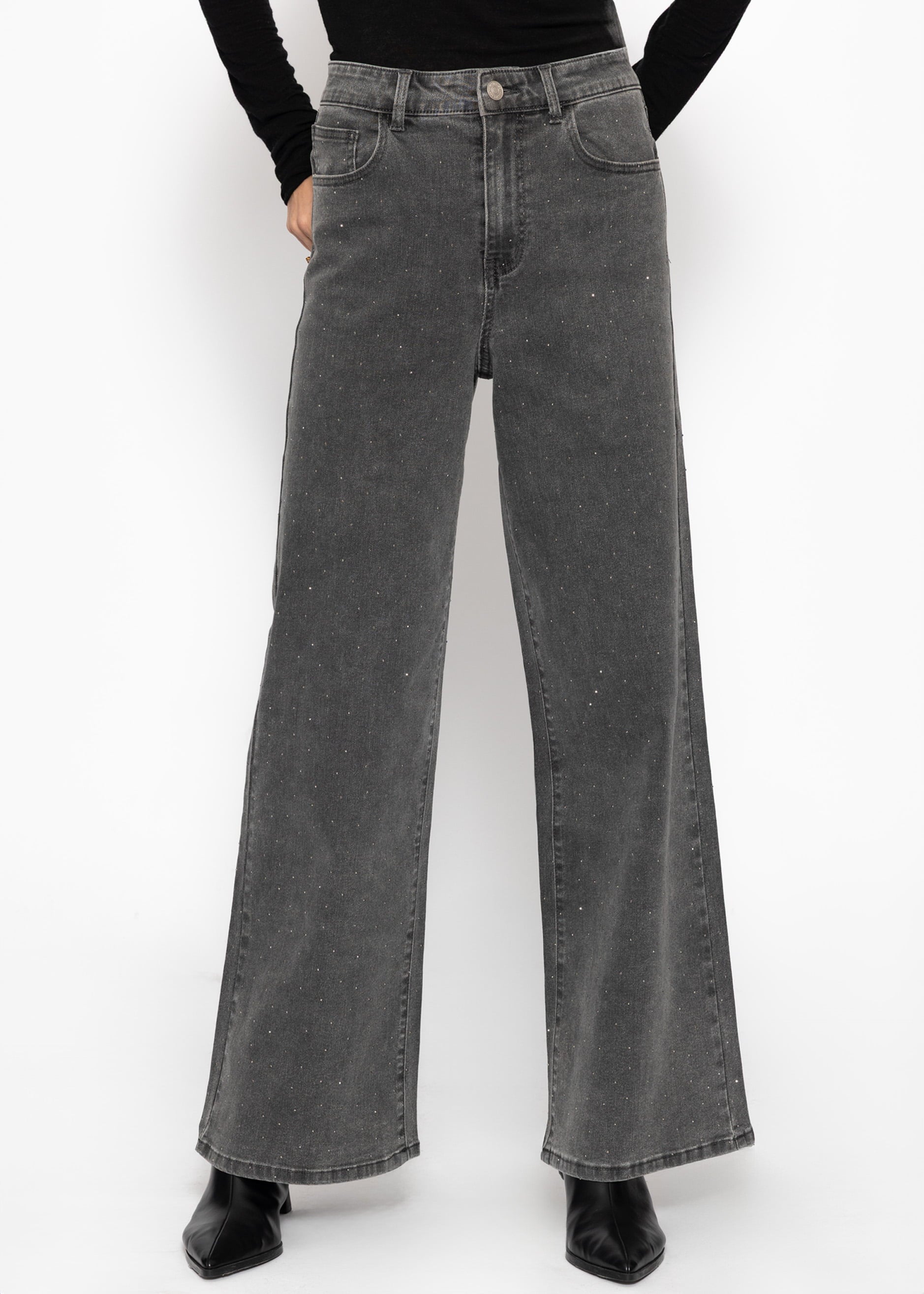 Wide-leg jeans with rhinestones - dark grey