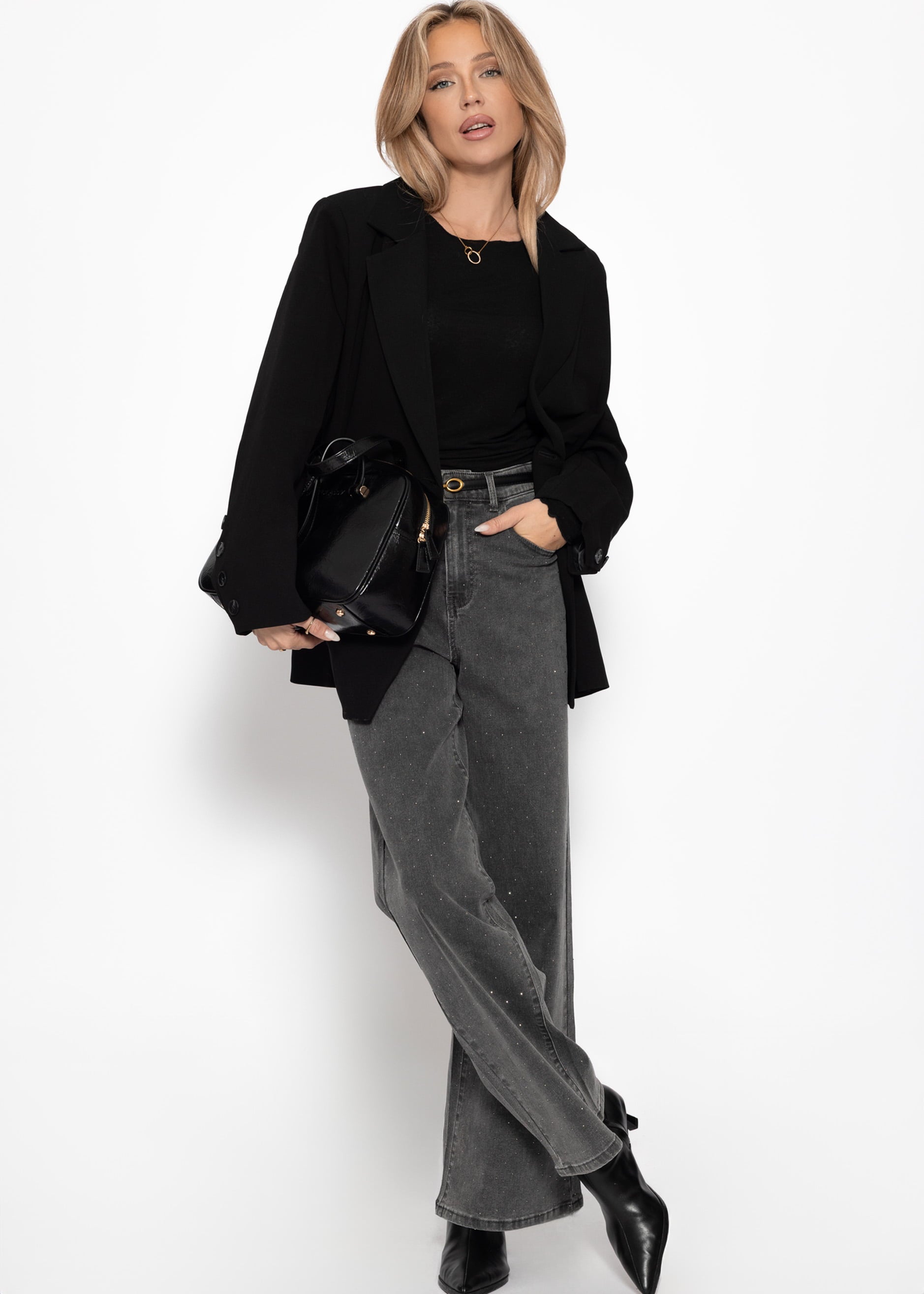 Wide-leg jeans with rhinestones - dark grey