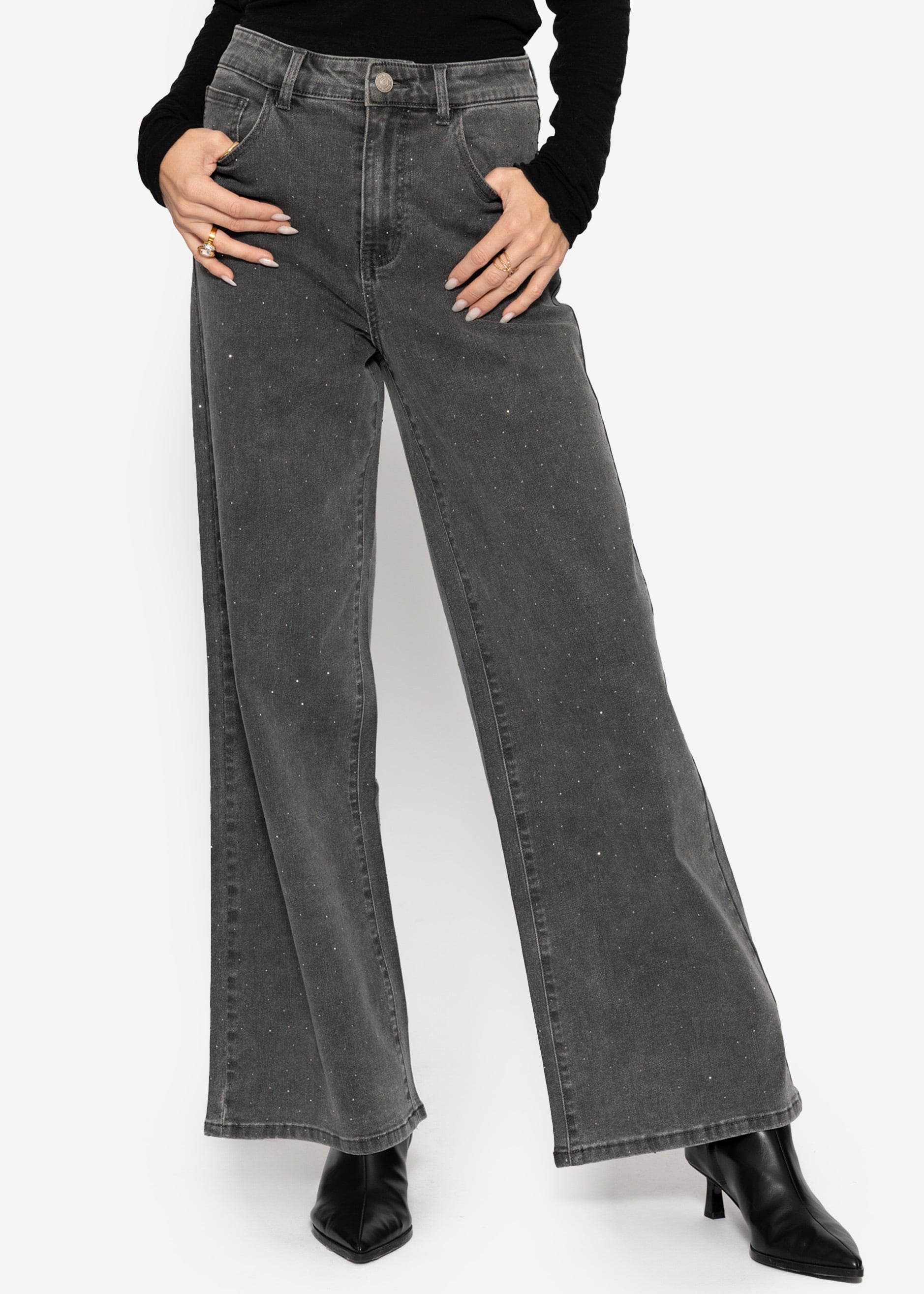 Wide-leg jeans with rhinestones - dark grey