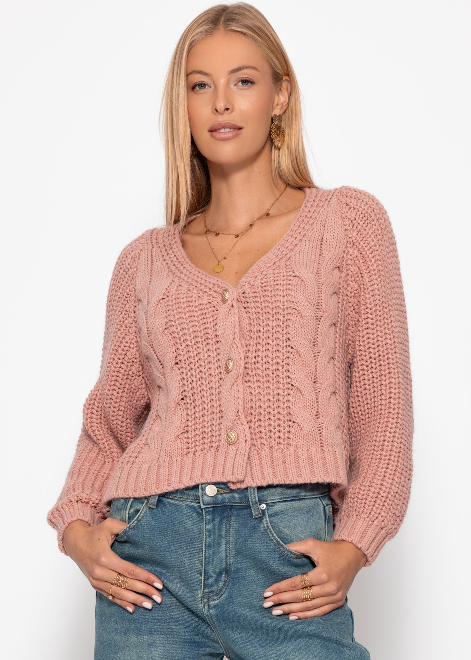 Card -brick cardigan with button placket - powder pink