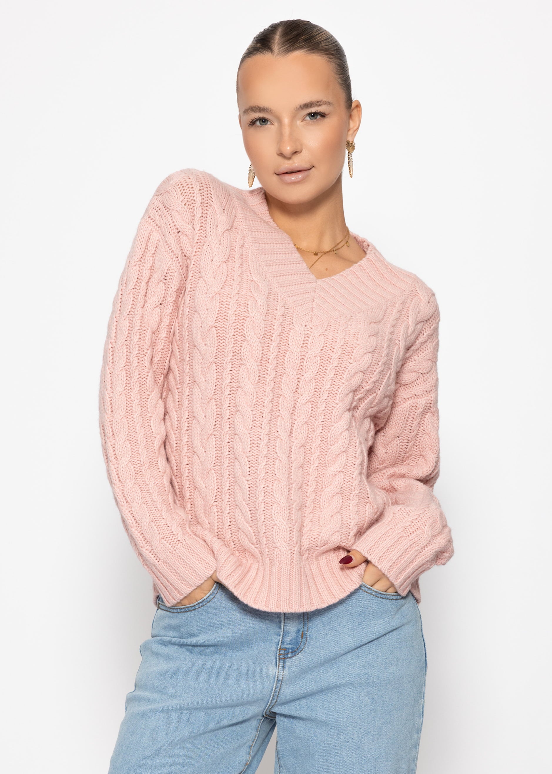 Cold rope sweater with V -neck - pink