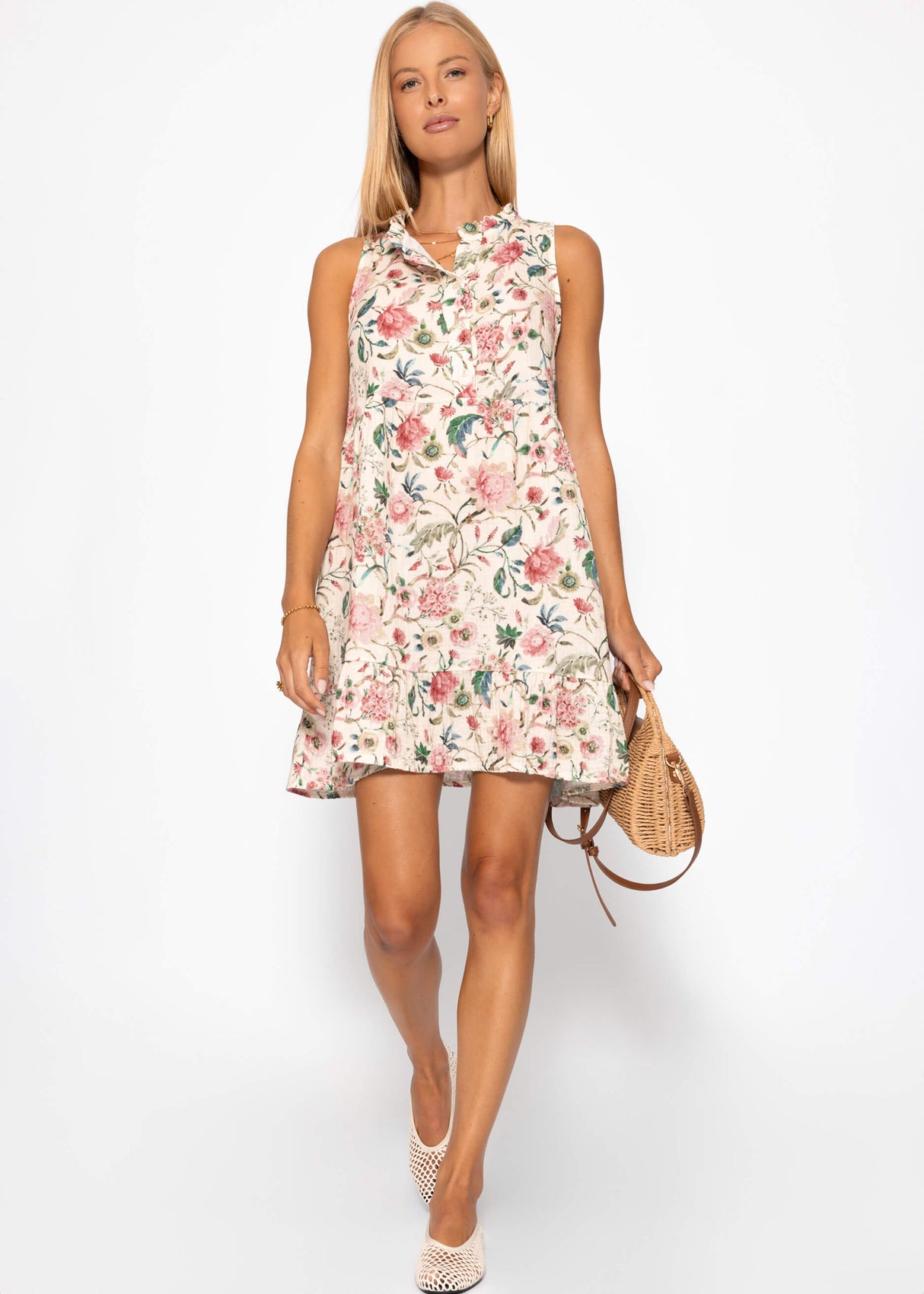 Ärmelloses Musselin Kleid mit Volants und floralem Print - beige