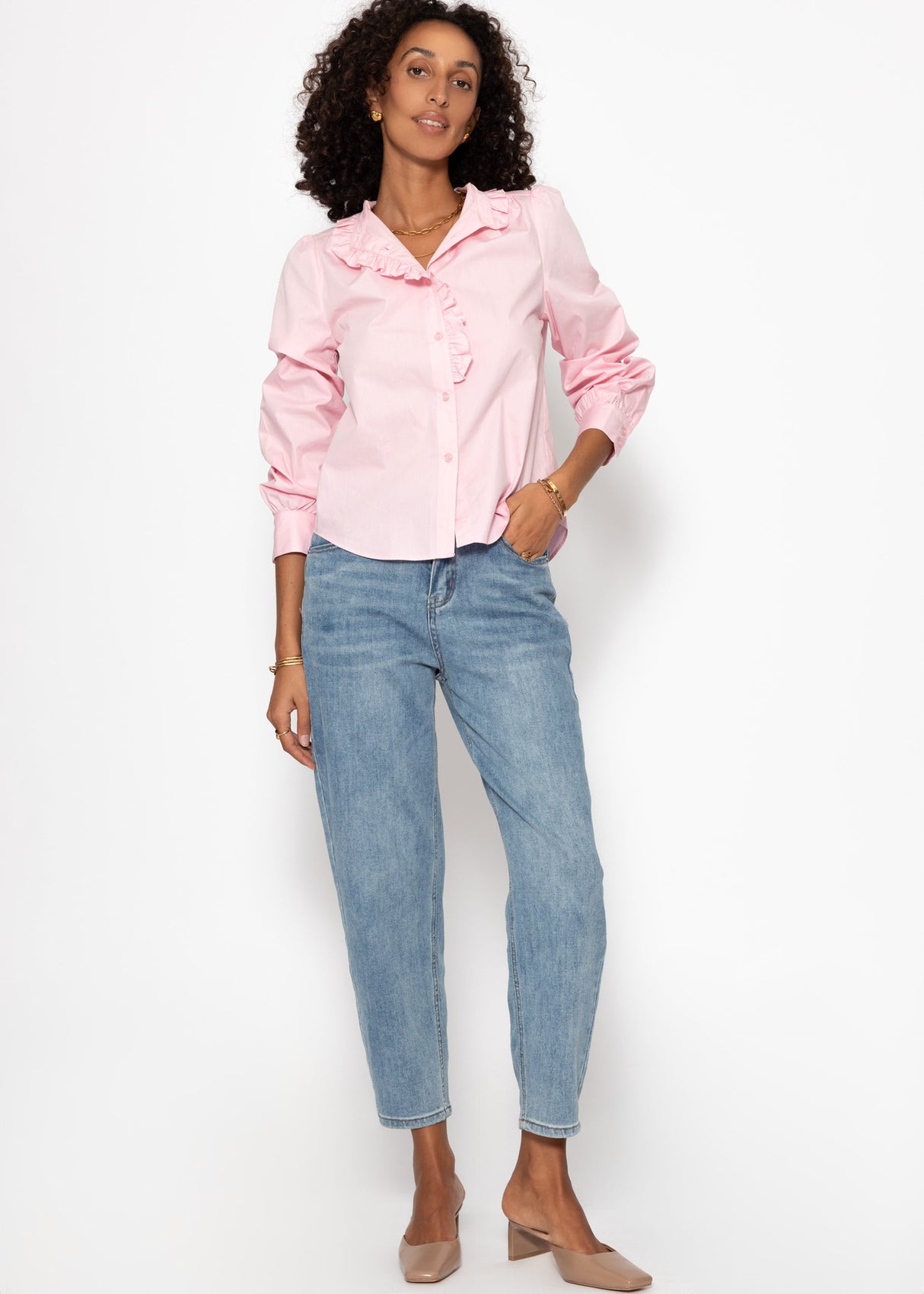 Cotton blouse with ruffles - pink