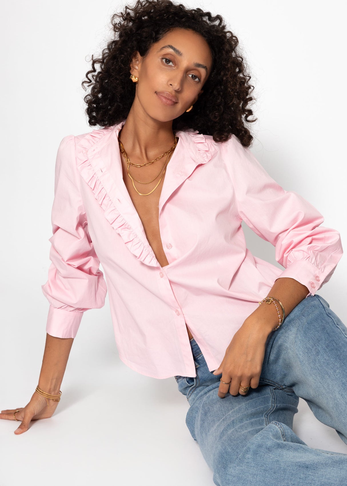 Cotton blouse with ruffles - pink