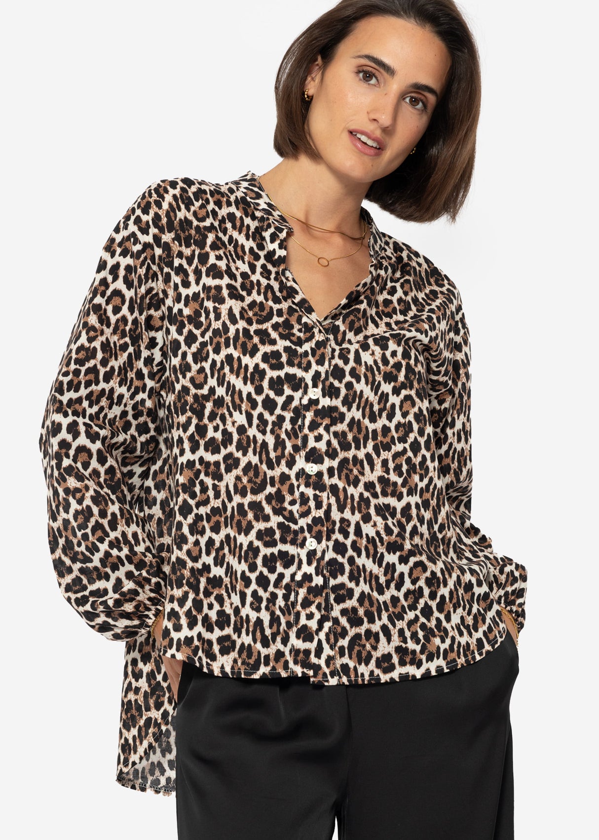 Cotton blouse shirt with leopard print - brown
