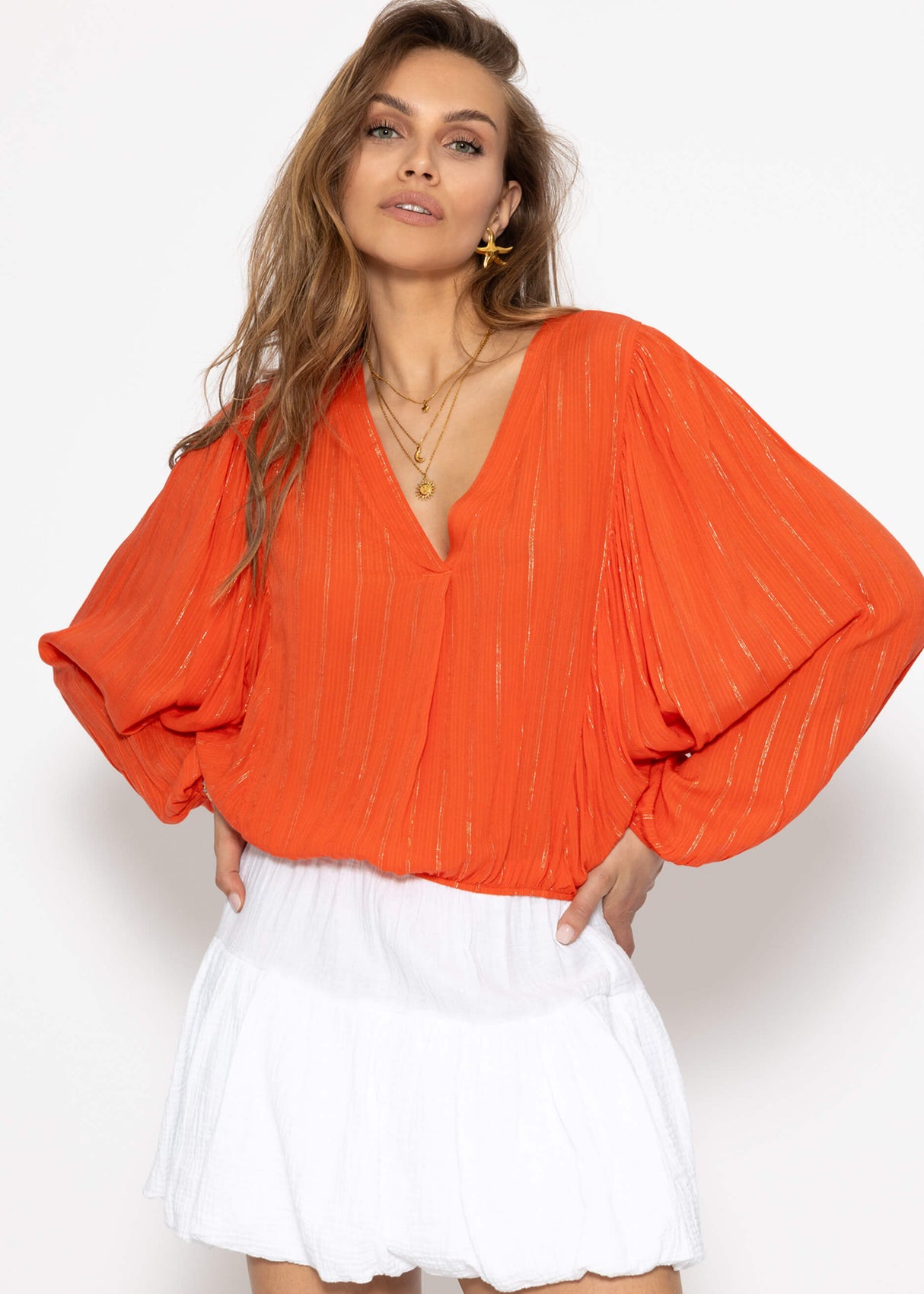 Bluse mit Glitzerstreifen - orange