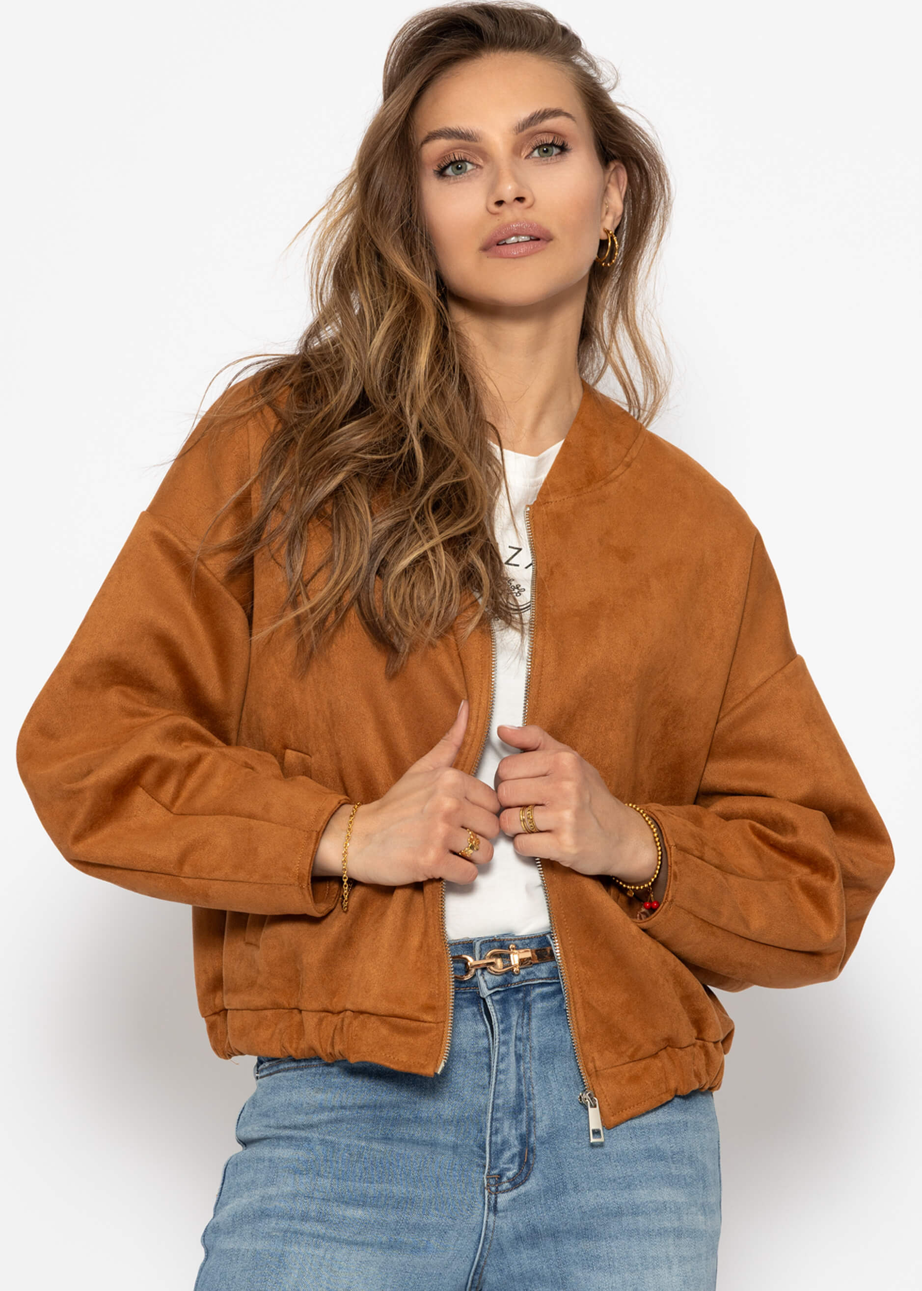 Oversized bomber jacket in suede look - brown