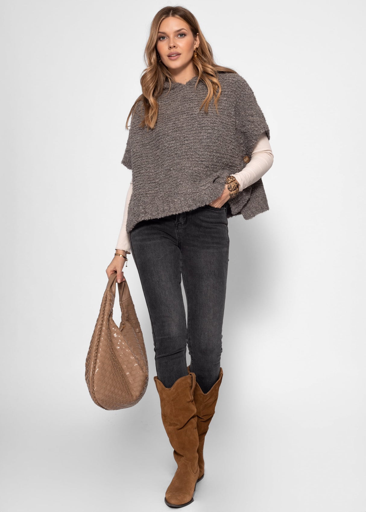 Jessica Haller poncho with hoodie and cable knit detail - taupe