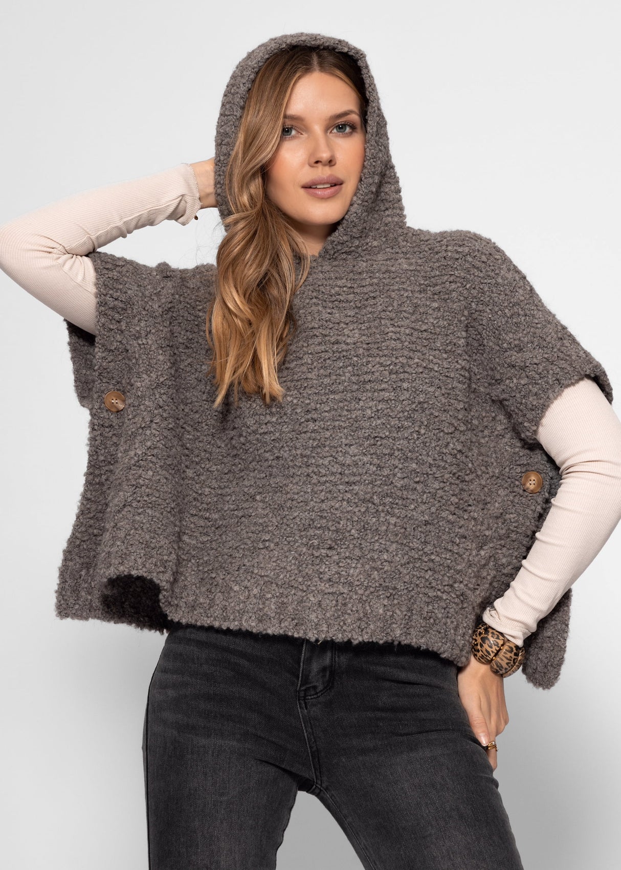 Jessica Haller poncho with hoodie and cable knit detail - taupe