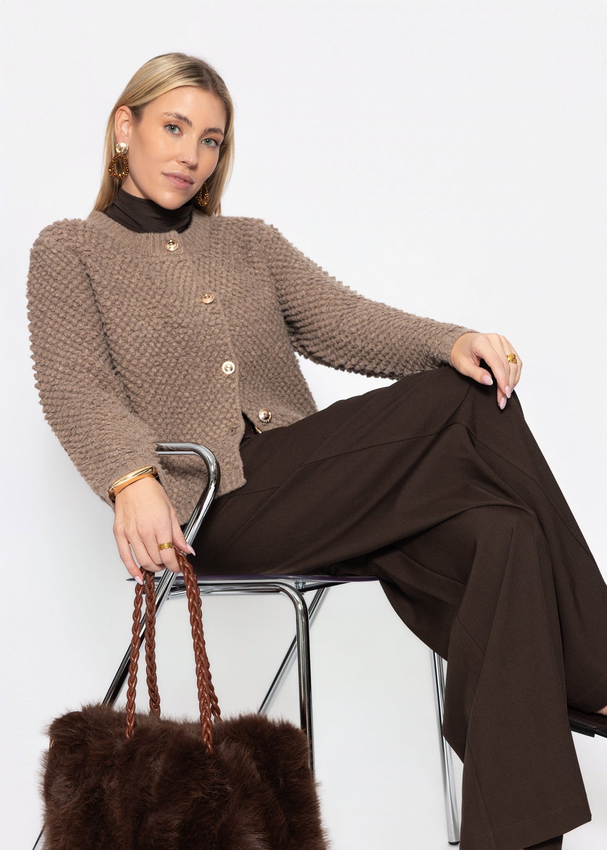 Bouclé Strickjacke - taupe