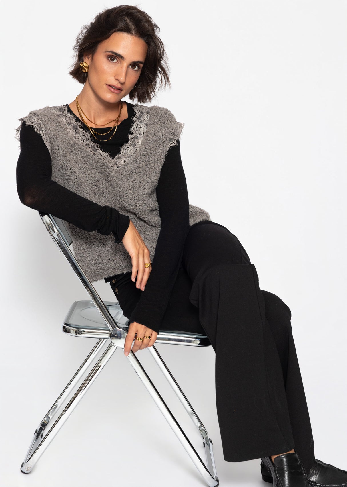 Bouclé Top mit Spitze - taupe