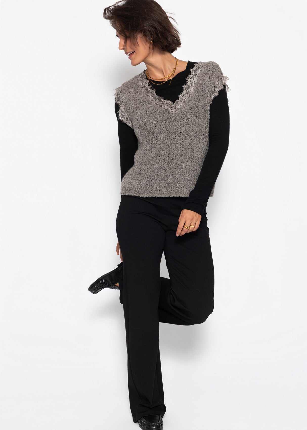 Bouclé Top mit Spitze - taupe