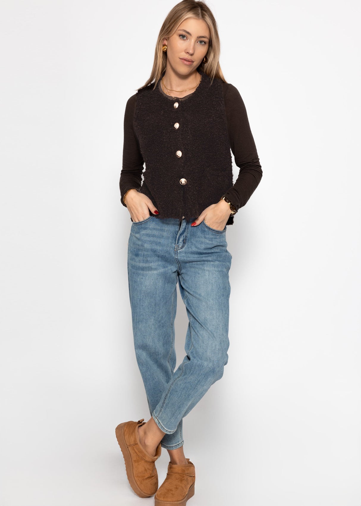 Bouclé-Weste mit Taschen - braun