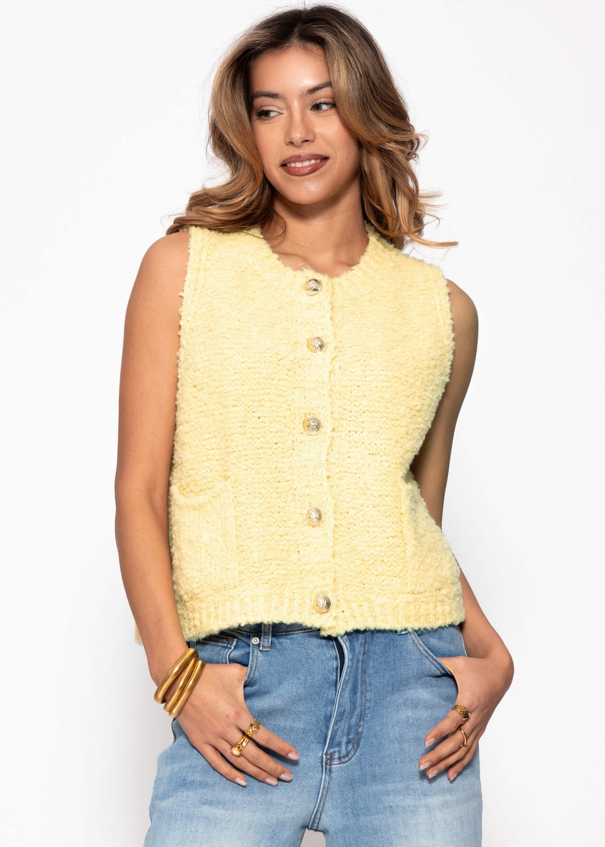Bouclé vest with pockets - butter yellow
