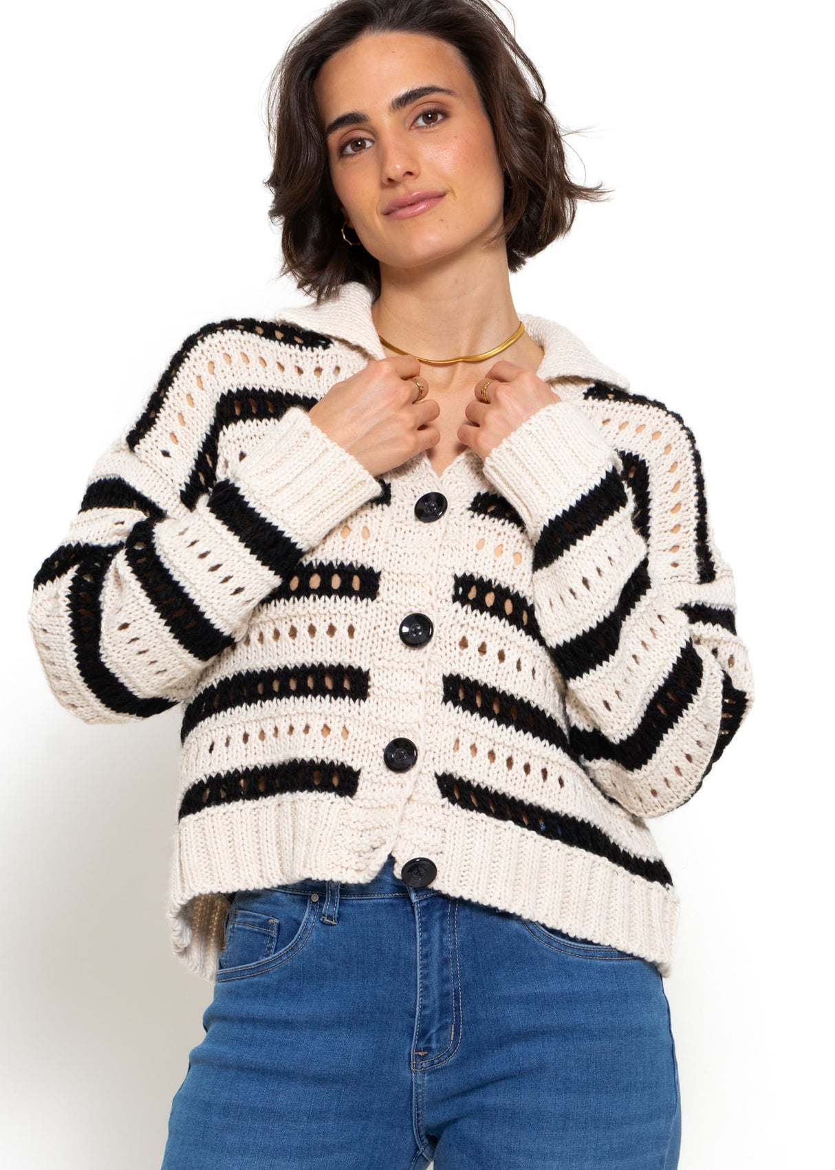 Openwork knit cardigan with collar - beige-black