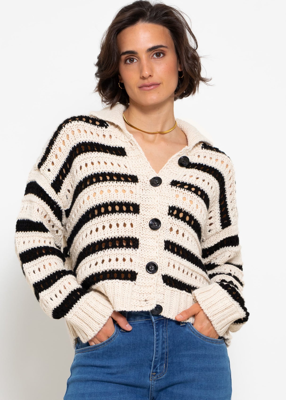 Openwork knit cardigan with collar - beige-black
