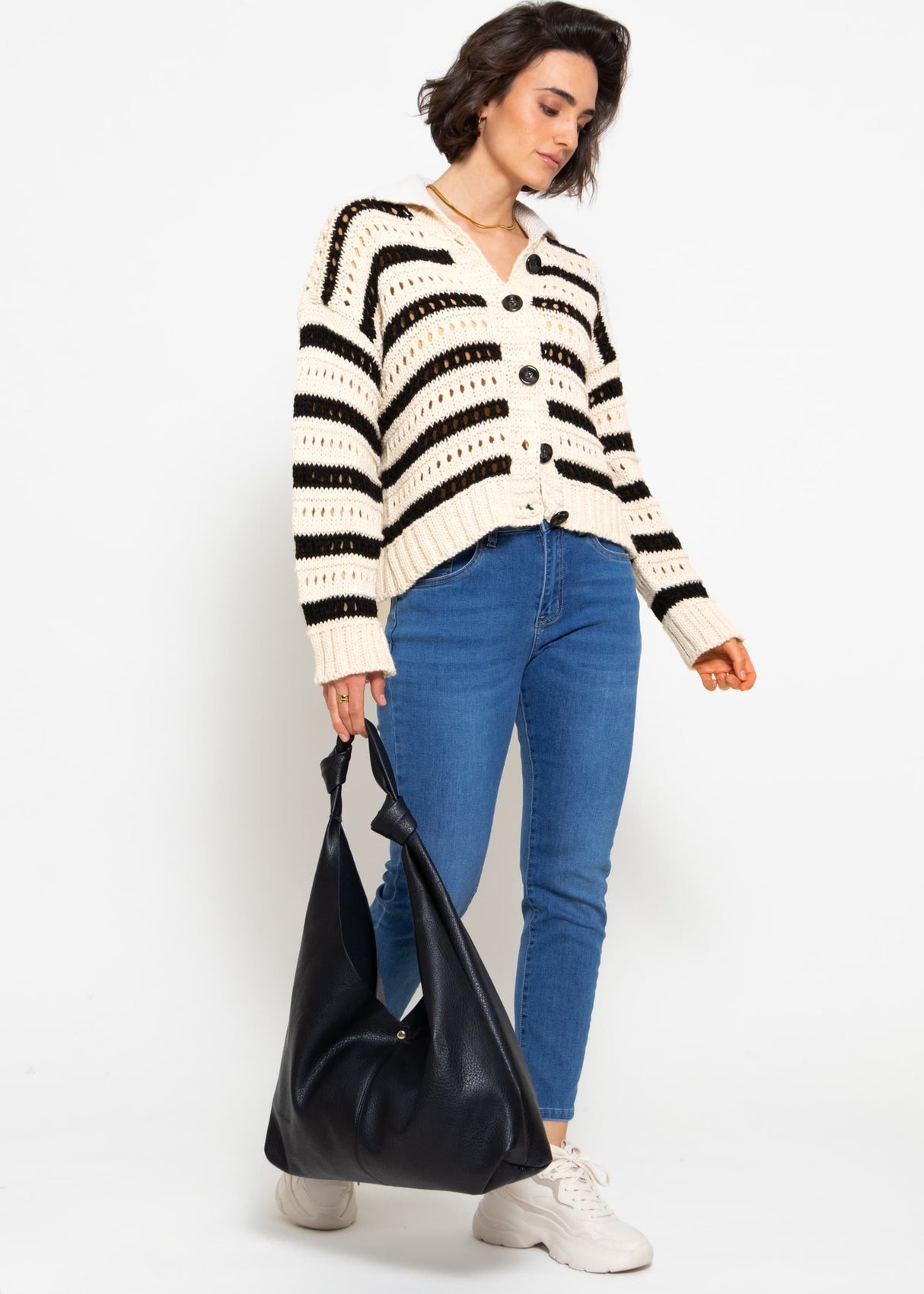 Openwork knit cardigan with collar - beige-black