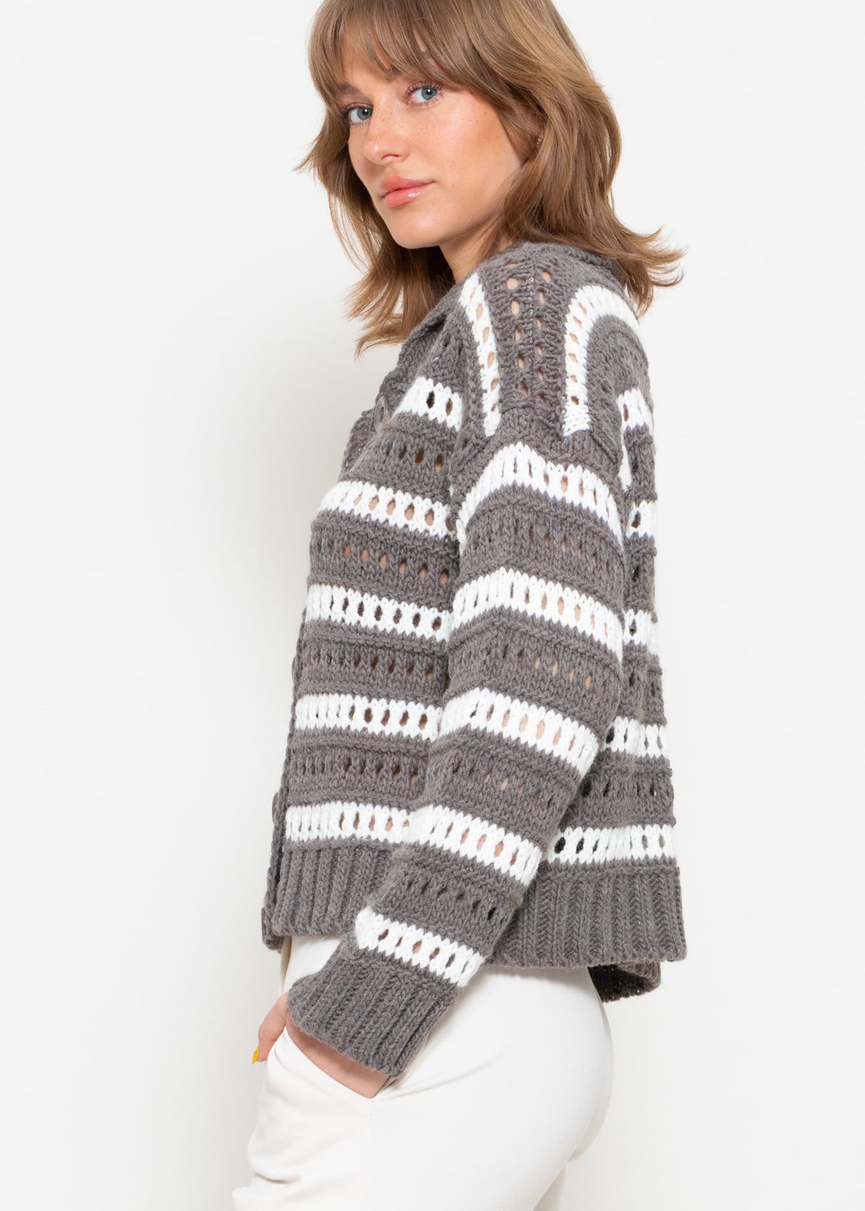 Openwork knit cardigan with collar - taupe-white