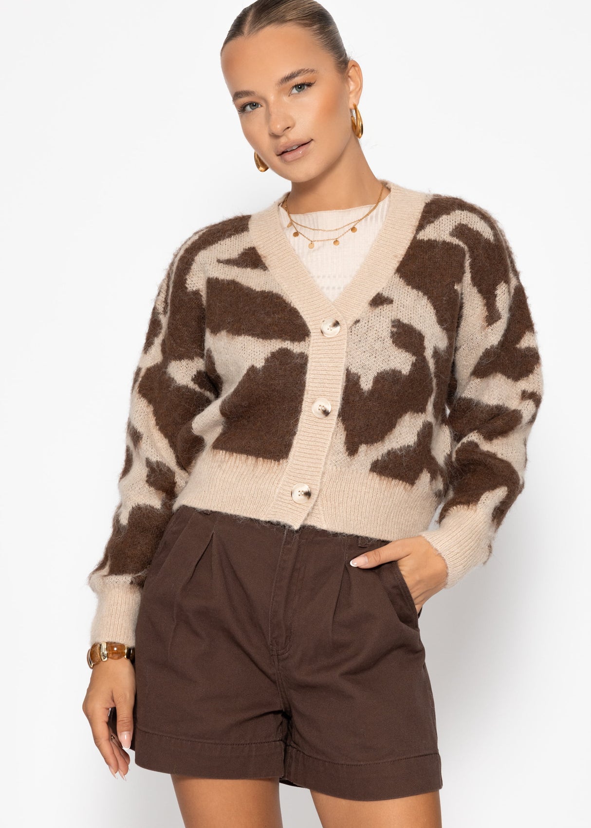 Cardigan with Animal print-beige-brown