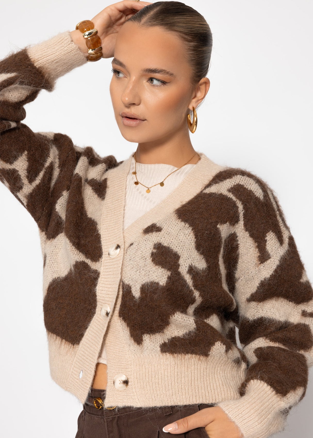 Cardigan with Animal print-beige-brown