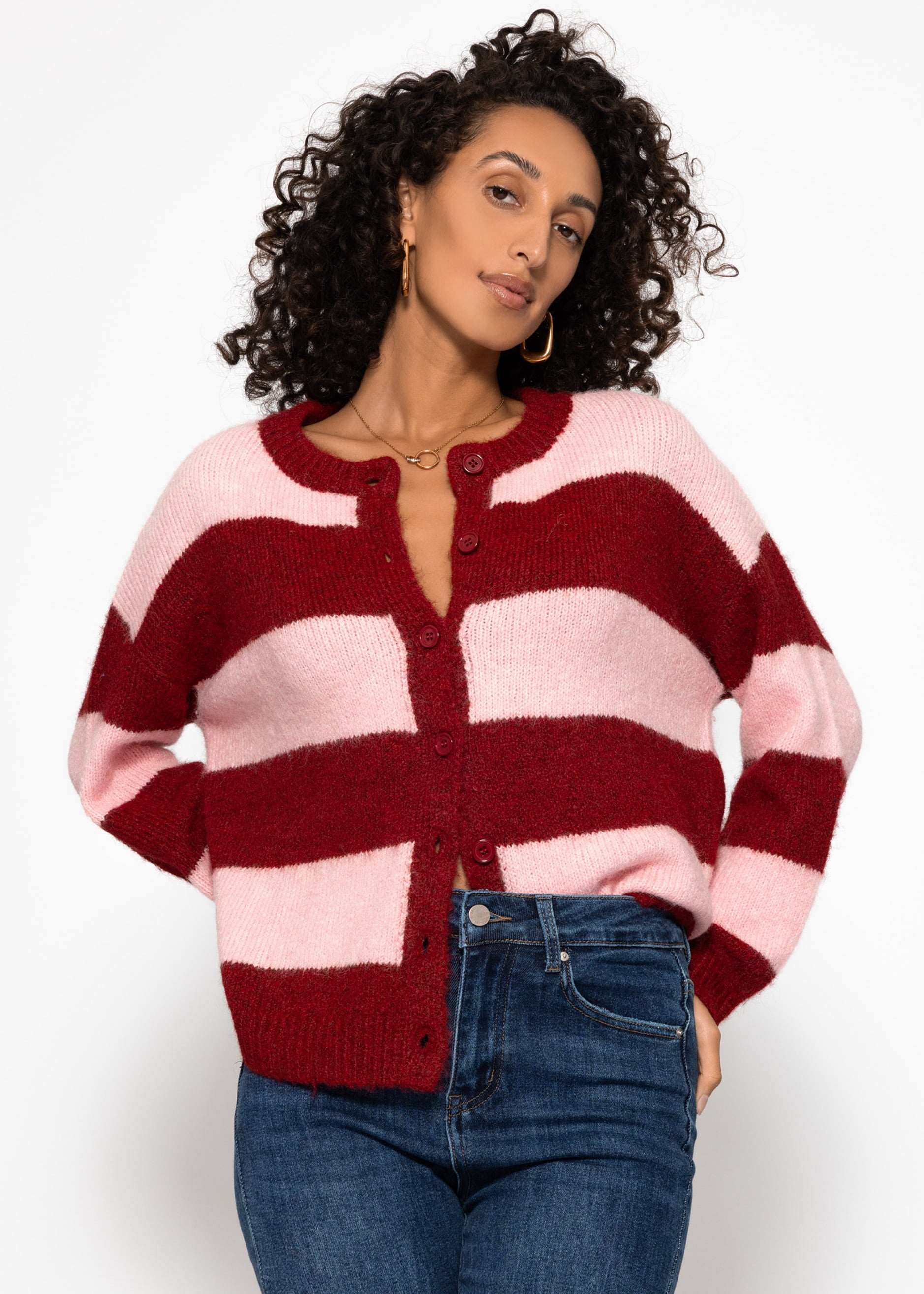 Cardigan with block strips - pink red