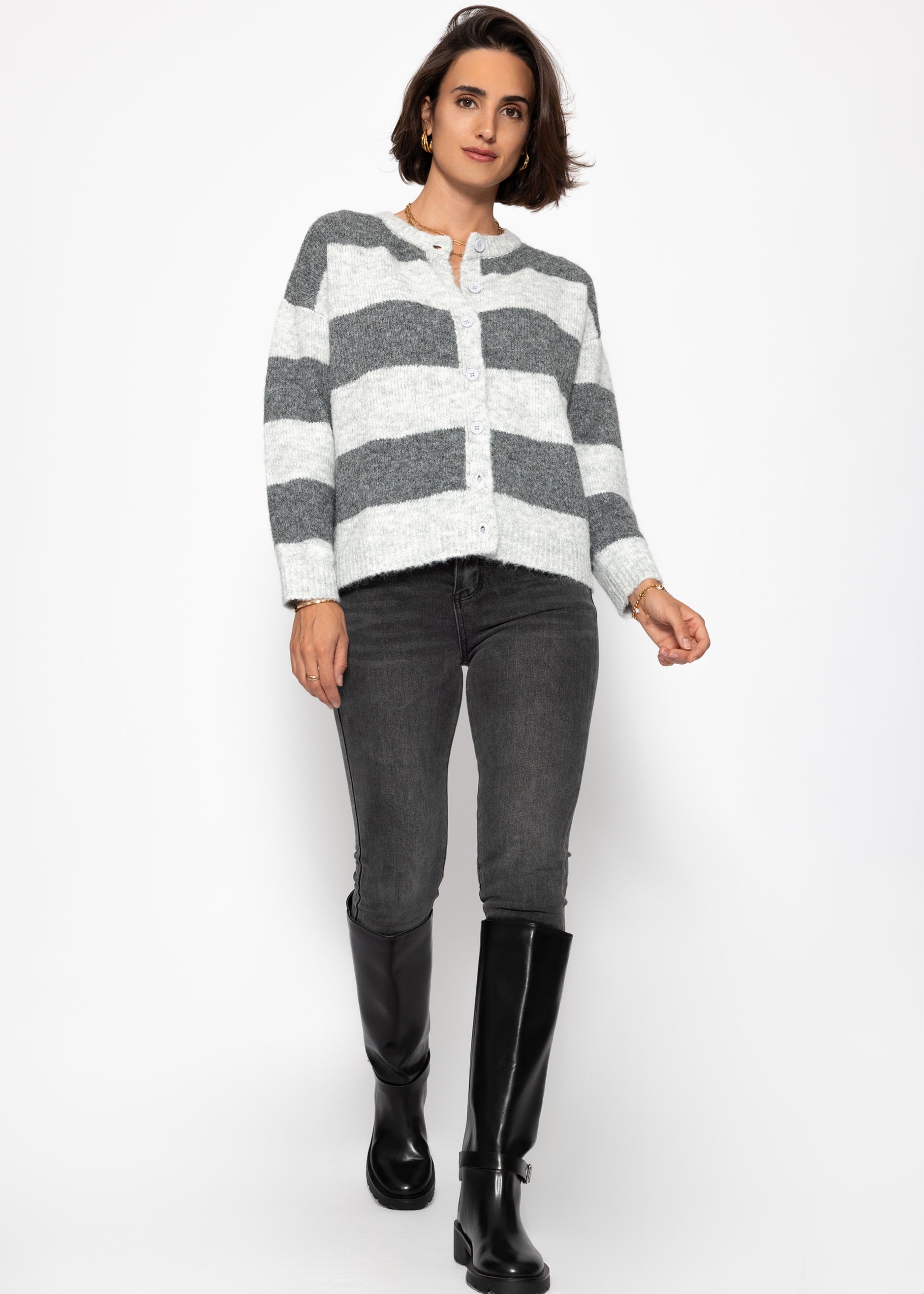 Cardigan with block strips - gray
