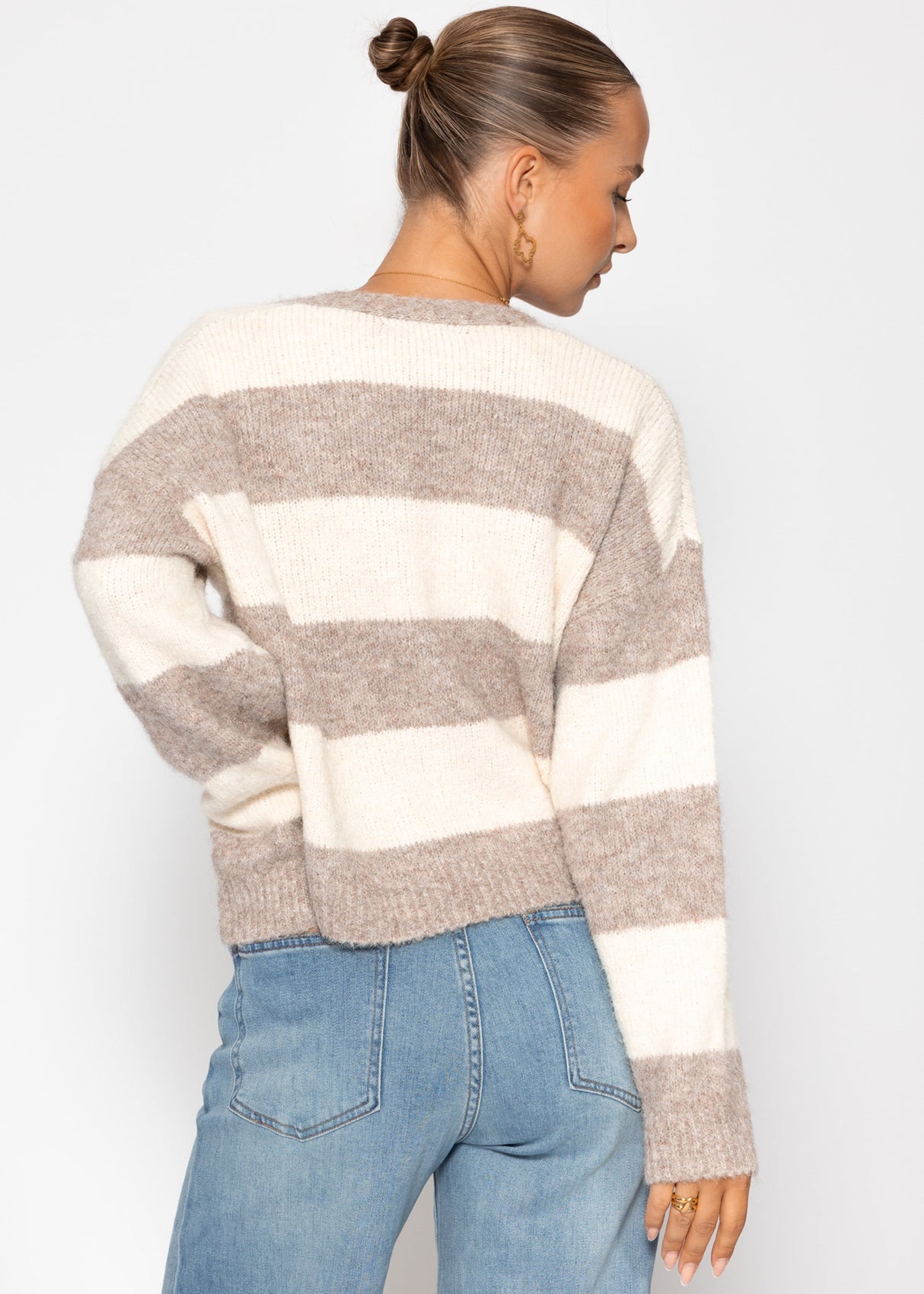 Cardigan with block strips and V-neck - beige