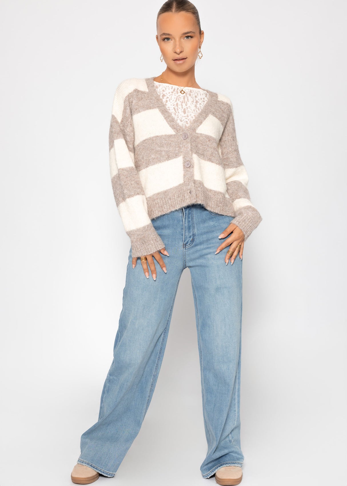 Cardigan with block strips and V-neck - beige