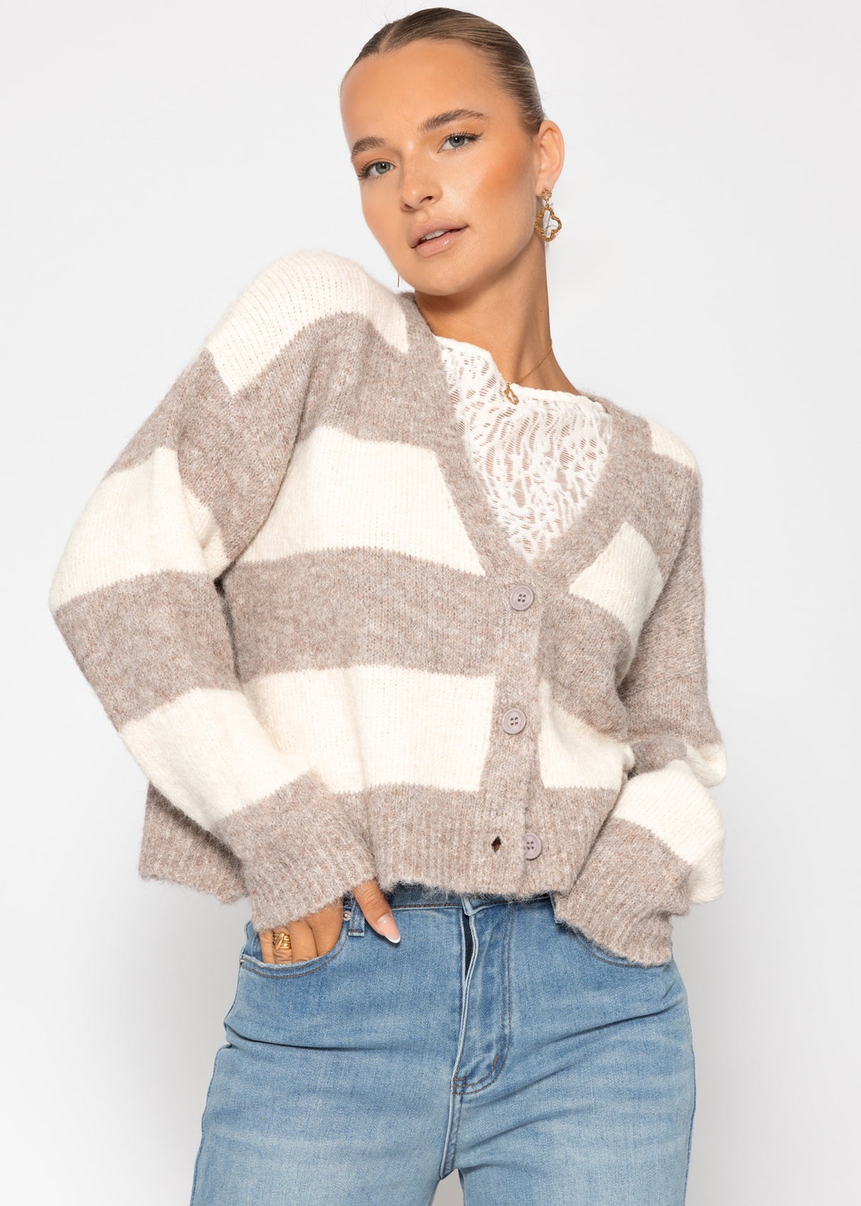 Cardigan with block strips and V-neck - beige